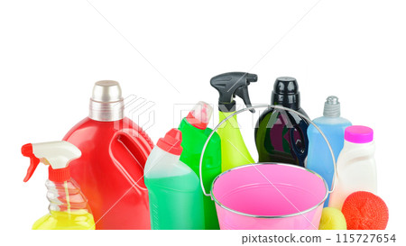 Household cleaning product isolated on white. Free space for text. Wide photo. Household cleaning product isolated on white. Free space for text. Wide photo. 115727654