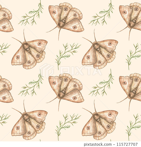 Watercolor seamless pattern with butterflies and meadow grass in vintage rustic style, on a beige background. Designer texture for fabric, paper, wallpaper, clothing and packaging. 115727707