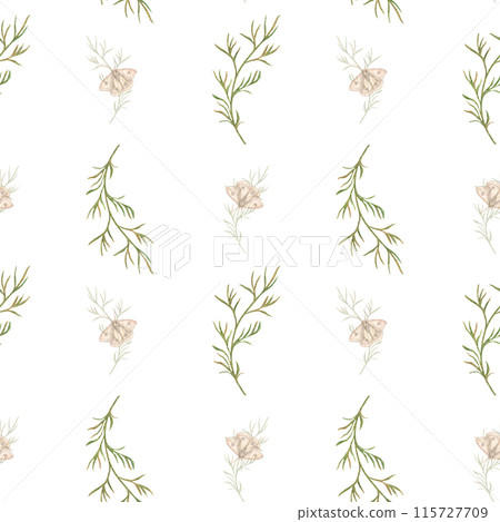 Seamless watercolor pattern with butterflies and twigs of plants on a white background. Print for fabric, children's clothing, delicate background and packaging. Seamless watercolor pattern with butterflies and twigs of plants on a white background. Print for fabric, children's clothing, delicate background and packaging. 115727709