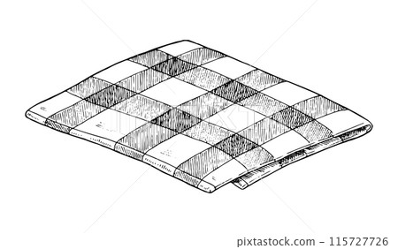 Napkin Vector hand drawn illustration. Kitchen gingham tablecloth. Vintage white and black line art drawing on background. Clipart of cloth for graphic design. Folded plaid fabric sketch Napkin Vector hand drawn illustration. Kitchen gingham tablecloth. Vintage white and black line art drawing on background. Clipart of cloth for graphic design. Folded plaid fabric sketch 115727726