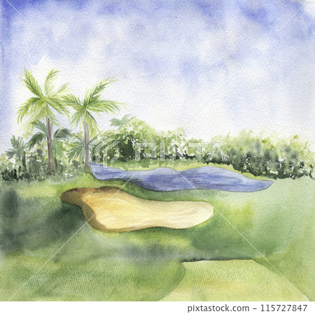 Watercolor illustration of a golf course Watercolor illustration of a golf course 115727847