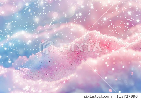 Cute pastel pink and blue background with glitter, snow and ice in a closeupBackground for product presentation, design or advertising. snowy hills in a winter landscape. Christmas card. 115727996
