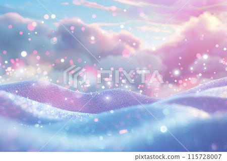 Cute pastel pink and blue background with glitter, snow and ice in a closeupBackground for product presentation, design or advertising. snowy hills in a winter landscape. Christmas card. 115728007