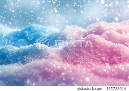 Cute pastel pink and blue background with glitter, snow and ice in a closeupBackground for product presentation, design or advertising. snowy hills in a winter landscape. Christmas card. 115728014