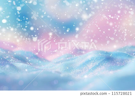 Cute pastel pink and blue background with glitter, snow and ice in a closeupBackground for product presentation, design or advertising. snowy hills in a winter landscape. Christmas card. 115728021