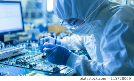 日本半導體實驗室的無塵室專家將半導體元件放置在電路板上。 115728069