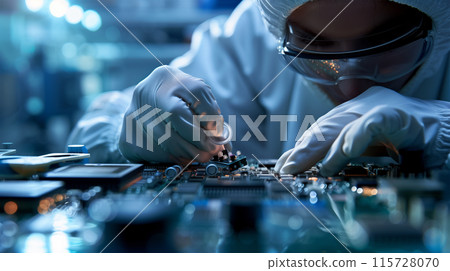 日本半導體實驗室的無塵室專家將半導體元件放置在電路板上。 日本半導體實驗室的無塵室專家將半導體元件放置在電路板上。 115728070