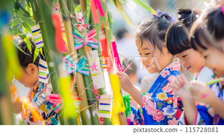 孩子們穿著浴衣和紙條過七夕節 115728081