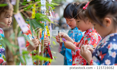 孩子們穿著浴衣和紙條過七夕節 115728082
