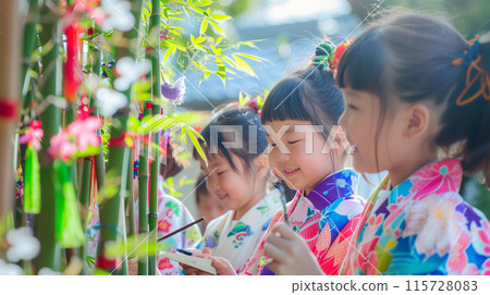 孩子們穿著浴衣和紙條過七夕節 115728083