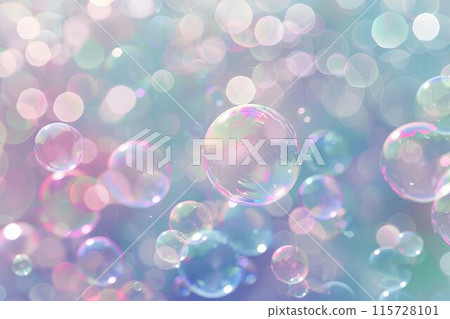 A background with pastel colored bubbles floating in the air, creating an ethereal and dreamy atmosphere soft pinks, blues, purples suitable for a romantic or whimsical theme. in the style of cartoon. 115728101