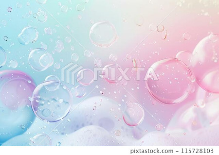 A background with pastel colored bubbles floating in the air, creating an ethereal and dreamy atmosphere soft pinks, blues, purples suitable for a romantic or whimsical theme. in the style of cartoon. 115728103