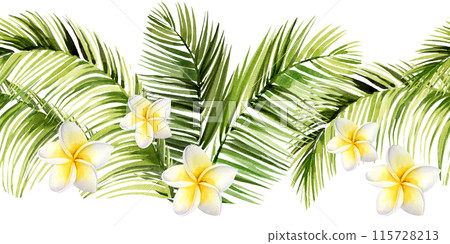 watercolor round frame with tropical coconut palm leaves, frangipane flowers, hand drawn sketch of green jungle plant and fruit, summer botanical illustration 115728213