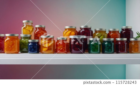 white shelf on which there are jars of fruit jams 115728243