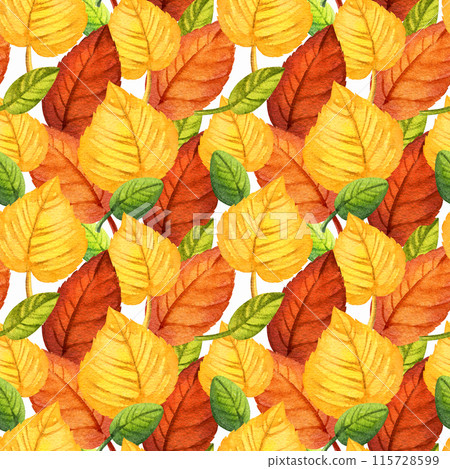 watercolor seamless pattern of autumn forest leaves, hand drawn illustration of yellow and orange forest leaves, green and brown different leaves, sketch isolated on white background watercolor seamless pattern of autumn forest leaves, hand drawn illustration of yellow and orange forest leaves, green and brown different leaves, sketch isolated on white background 115728599