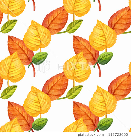 watercolor seamless pattern of autumn forest leaves, hand drawn illustration of yellow and orange forest leaves, green and brown different leaves, sketch isolated on white background watercolor seamless pattern of autumn forest leaves, hand drawn illustration of yellow and orange forest leaves, green and brown different leaves, sketch isolated on white background 115728600