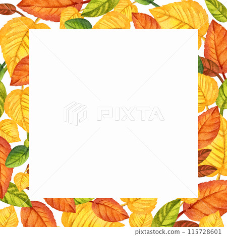 watercolor white square frame of autumn forest leaves, hand drawn illustration of yellow and orange forest leaves, green and brown different leaves, sketch isolated on white background watercolor white square frame of autumn forest leaves, hand drawn illustration of yellow and orange forest leaves, green and brown different leaves, sketch isolated on white background 115728601
