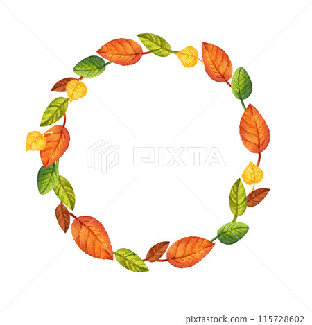 watercolor wreath of autumn forest leaves, hand drawn illustration of yellow and orange forest leaves, green and brown different leaves, sketch isolated on white background watercolor wreath of autumn forest leaves, hand drawn illustration of yellow and orange forest leaves, green and brown different leaves, sketch isolated on white background 115728602
