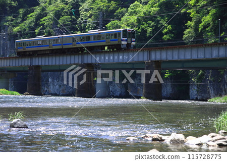 A 213 series train running leisurely with the majestic Ikura Gorge in the background_Photo taken on May 17, 2024 A 213 series train running leisurely with the majestic Ikura Gorge in the background_Photo taken on May 17, 2024 115728775