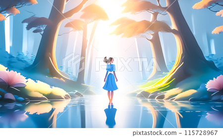 CG background illustration: A girl standing on the surface of a river in the middle of a forest CG background illustration: A girl standing on the surface of a river in the middle of a forest 115728967