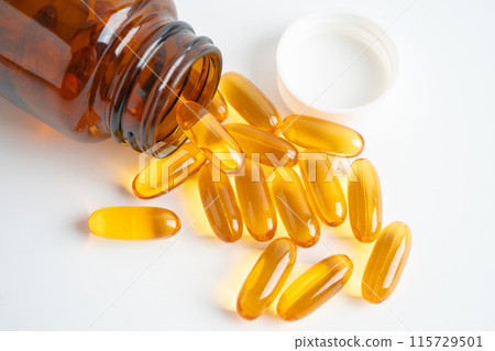 Fish oil Omega 3 capsules vitamin with EPA and DHA isolated on white background. 115729501