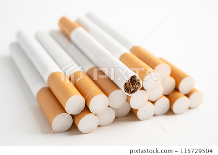 Cigarette on US dollar banknotes, cost, trading, marketing and production, No smoking, import export concept. 115729504