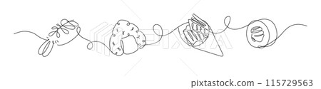 Asian food sushi and roll set linear style 115729563