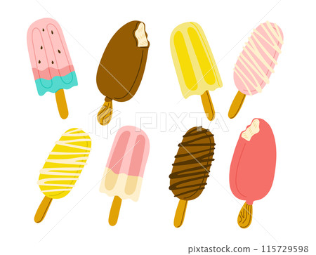 Colorful flat set of ice creams on sticks 115729598