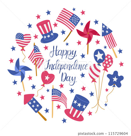 Flat American patriotic items with calligraphy 115729604