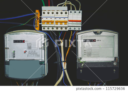 Electricity meter. Junction box with connection of electrical wires,cables. Electricity meter. Junction box with connection of electrical wires,cables. 115729636