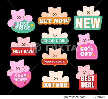 Cute sale badge designs with cat including Best Price, Buy Now, New, Must Have, 50% Off, Save More, Best Deal for online shopping, marketing, promotion, sticker, banner, special price, discount badge 115729683