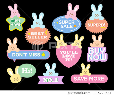 Bunny sale badges including Must Have, Super Sale, Best Seller, Buy Now, Hi, Don't Miss, Save More for online shopping, marketing, easter promotion, sticker, banner, button, campaign, discount, ads 115729684