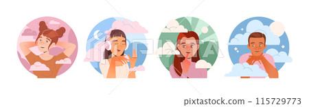 Dreaming People Characters with Their Heads in Clouds Having Fancy Imagination Vector Set Dreaming People Characters with Their Heads in Clouds Having Fancy Imagination Vector Set 115729773