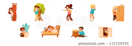 Kids Playing Hide and Seek Game Have Fun Vector Set Kids Playing Hide and Seek Game Have Fun Vector Set 115729781
