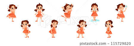 Funny Little Girl in Red Dress Expressing Emotion Vector Illustration Set Funny Little Girl in Red Dress Expressing Emotion Vector Illustration Set 115729820