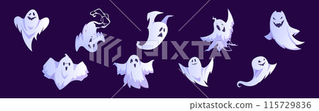 Spooky White Ghost or Spirit of Dead Flying on Blue Background Vector Set Spooky White Ghost or Spirit of Dead Flying on Blue Background Vector Set 115729836