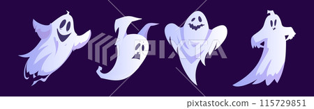 Spooky White Ghost or Spirit of Dead Flying on Blue Background Vector Set Spooky White Ghost or Spirit of Dead Flying on Blue Background Vector Set 115729851