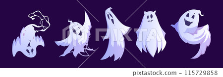 Spooky White Ghost or Spirit of Dead Flying on Blue Background Vector Set 115729858