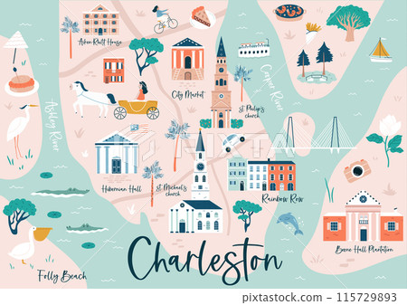 Hand drawn vector map of Charleston, South Carolina, USA with famous landmarks and symbols. 115729893