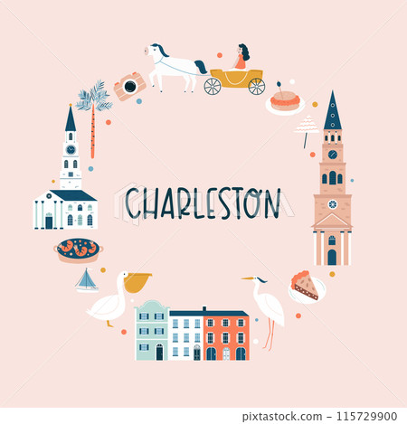 Charleston hand drawn poster, decoration with famous symbols and landmarks of city Charleston hand drawn poster, decoration with famous symbols and landmarks of city 115729900