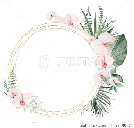 Watercolor frame with beige and green tropical leaves and flowers, Boho Wedding  illustration 115729907