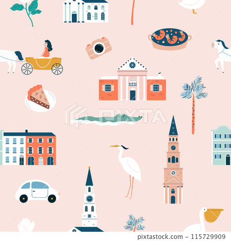 Seamless pattern with famous symbols and landmarks of Charleston, South Carolina Seamless pattern with famous symbols and landmarks of Charleston, South Carolina 115729909