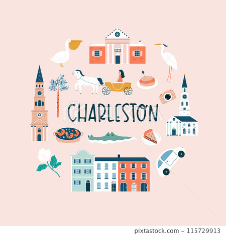 Charleston hand drawn poster, decoration with famous symbols and landmarks of city Charleston hand drawn poster, decoration with famous symbols and landmarks of city 115729913