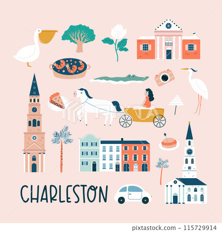 Charleston hand drawn poster, decoration with famous symbols and landmarks of city Charleston hand drawn poster, decoration with famous symbols and landmarks of city 115729914