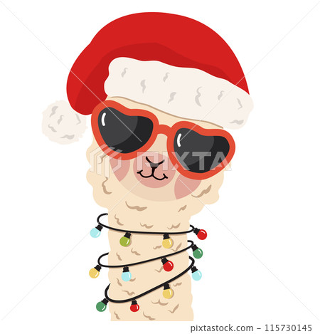 alpaca wearing a Santa hat while hanging a light bulb 115730145