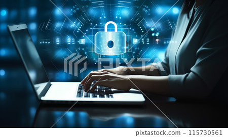 Woman connecting to the internet on a laptop 115730561