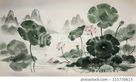 中國風山水夏日池塘荷花水彩國畫 115730615