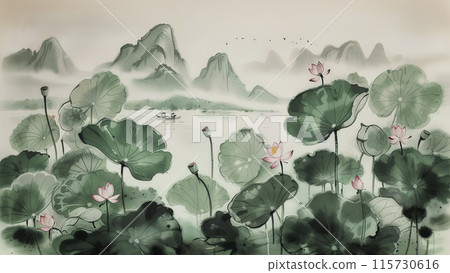 中國風山水夏日池塘荷花水彩國畫 中國風山水夏日池塘荷花水彩國畫 115730616
