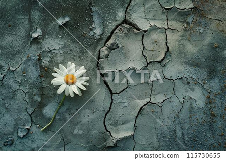 A daisy flower blooming on cracked concrete, symbolizing hope and resilience in the face of challenges. Top view. 115730655