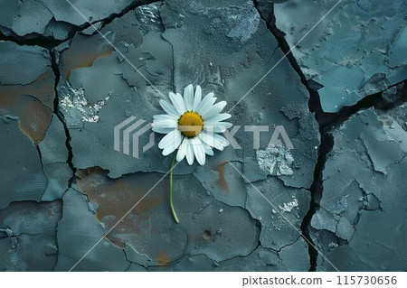 A daisy flower blooming on cracked concrete, symbolizing hope and resilience in the face of challenges. Top view. A daisy flower blooming on cracked concrete, symbolizing hope and resilience in the face of challenges. Top view. 115730656